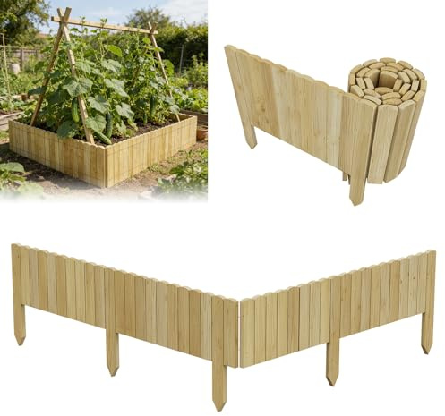 ACXIN Rollborder - Recinzione in legno di pino, lunghezza 200 cm, altezza 30 cm, bordo per aiuole e aiuole, in legno di palizzata, per aiuole, piante, decorazione naturale, colore legno