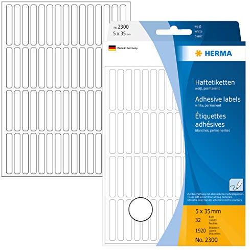 HERMA 2300 Vielzweck-Etiketten, 1920 Stück, 5 x 35 mm, 60 pro Bogen, selbstklebend, Haushaltsetiketten zum Beschriften, matt, blanko Papier Klebeetiketten Aufkleber, weiß
