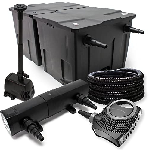 Wiltec Komplettset: CBF-350B Teichfilter bis 60000 L Teichfilteranlage, NEO10000 Teichpumpe 10000l/h 80W, CUV-218 Teichklärer 18W, 25m Teichschlauch 25 mm, HJ-943 Springbrunnen 800l/h 16W