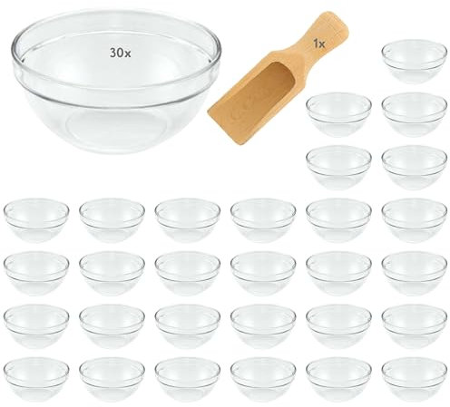 Viva-Haushaltswaren - 30 kleine Glasschälchen Schälchen für Kochzutaten, Marmelade, Dips, Tapas etc. Ø 9 cm, inkl. 1 kleine Holzschaufel