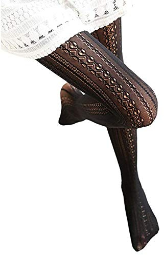 SurBepo Women Fishnet Hollow Out Knitted Patterned Thick Warm Stockings Tights Vertical Strips Pantyhose For Female(A-Black, One Size)