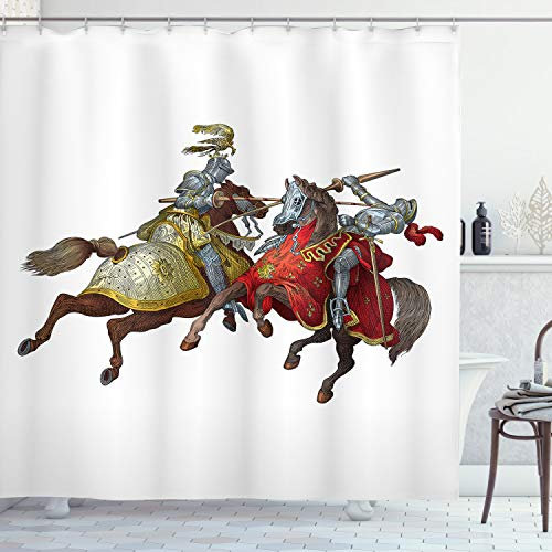 ABAKUHAUS Bunt Duschvorhang, Mittelalter Ritter, Stoffliches Gewebe Badezimmerdekorationsset mit Haken, 175 x 240 cm, Braun Rot