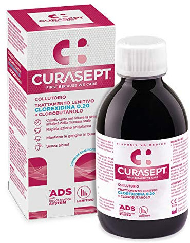 Curasept Collutorio Trattamento Lenitivo 200+200 ml, Rimuove la placca e lenisce le gengive irritate, Senza alcol, Taste-neutral