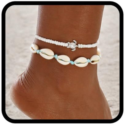 Handcess Doppel-Fußkettchen im Boho-Stil aus Silber und mit Muscheln, Schildkröte, Knöchel-Armbänder, geschichtet und verwoben, Fußketten für Damen und Mädchen