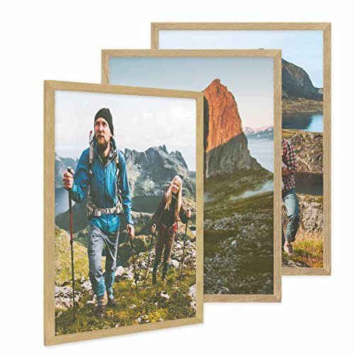 PHOTOLINI Cadre photo 50 x 70 cm bois chêne, cadre large bord, lot de 3 cadres photo, verre acrylique incassable, décoration murale à suspendre, accessoires supplémentaires
