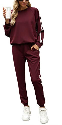 Irevial Damen Irevial Damen Jogginganzug Trainingsanzug Set Freizeitanzug Sportanzug mit Streifen Taschen Fitnessa Sportswear, Weinrot, S EU
