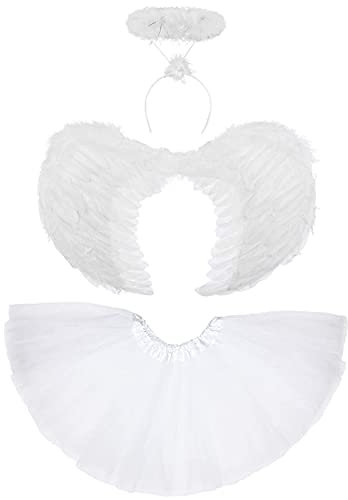 Alas de ángel blanco y Halo Disfraz de ángel de alas de hadas para adultos - Tutú de alas blancas de 3 piezas y disfraz de ángel caído de halo blanco Disfraz de Halloween para mujer