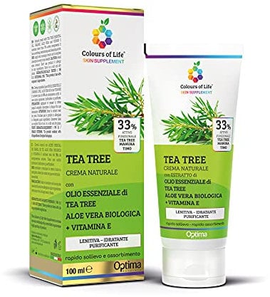 Colours of Life Skin Supplement Tea Tree - Crema naturale ad azione purificante - con Aloe vera biologica e Vitamina E - Utile per punture d'insetto, acne, foruncoli - Formato 100 ml