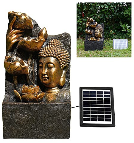 GEEZY Solar Water Features for the Garden – Outdoor Buddha Head Fountain with LED Lights – Solar Powered, Self-Contained – Easy Setup, Cascading & Tranquil – Ideal for Garden, Patio & Balcony Decor