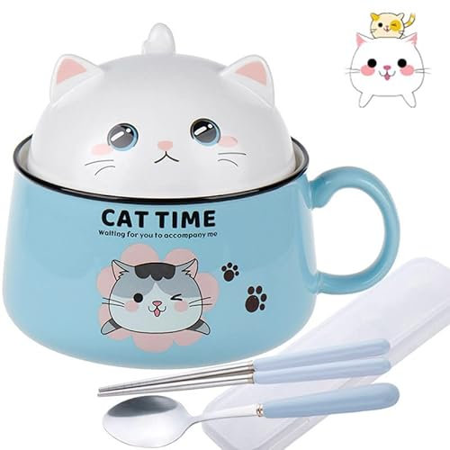 Müslischalen Ramen Schüssel Salatschalen mit Deckel und Henkel - 850mL Keramik Schüssel Instant Nudelschale Suppenschale - Hund Pastaschüsseln Dessertschalen Nudeln Suppe Lunchbox für Kinder