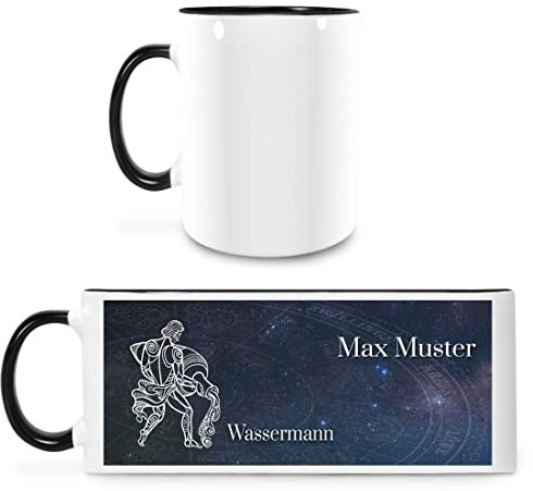 Manutextur Tasse mit Namen - personalisiert - Motiv Sternzeichen Wassermann - viele Farben & Motive - weiß/schwarz - Größe - persönliches Geschenk mit Wunsch-Motiv und Wunsch-Name