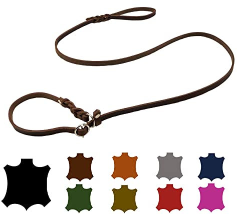 Hundeleine Fettleder Agility/Retrieverleine mit Zugstopp/Moxonleine für kleine Hunde/große Hunde (1,50m X 8mm, Braun)