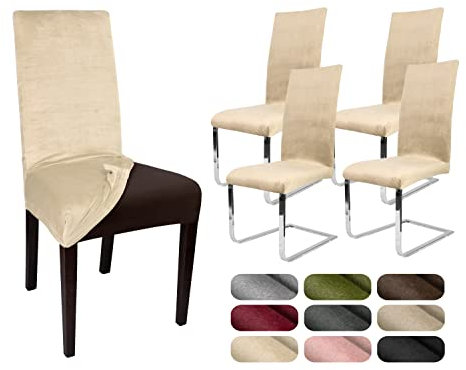BEAUTEX 4er Set LEA Stuhlhusse, elastische Uni Stretch-Husse aus Samt Mikrofaser Farbe wählbar (Creme)