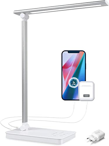 Bammare Schreibtischlampe, LED Tischlampe Dimmbar 12W, Tischleuchte 5 Farben 10 Helligkeitsstufen, Leselampe Augenschutz mit 2 USB-Anschluss, Timer, Memory-Funktion für Büro Kinder Lesen, Weiss
