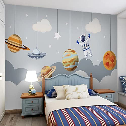 Yimesoy Benutzerdefinierte Jede Größe Wandbild Tapete 3D Cartoon Handgezeichnete Rakete Weltraum Kinderzimmer Hintergrundwand 250Cm(W)×175Cm(H)