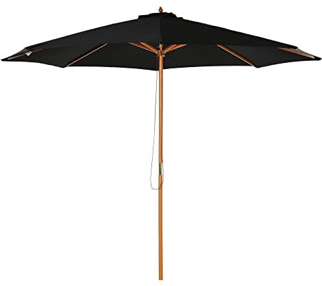 Outsunny 3(m) Garden Parasol, Pulley Operated Patio Umbrella, Wooden Parasol, Table Market Umbrella with Rope Pulley Mechanism and 8 Ribs, Black