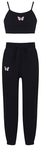 FEESHOW Mädchen Sport Kleidung Jogginganzug Tank Crop Top Hoodie Sweatshirt mit Hose Set Tanz Yoga Training Outfit Freizeitanzug Schwarz 170-176/15-16 Jahre