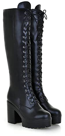 Stivali da Donna con Tacco Alto Stivali Alti Stivali con Zip Laterale Stringate con Tacco Grosso Scarpe Taglie Forti