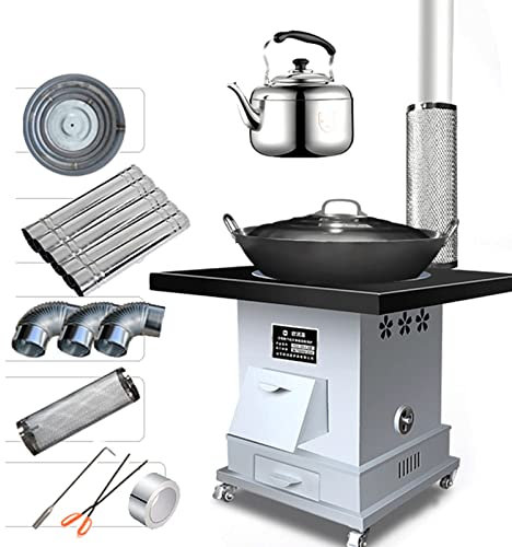 Yufenj Réchaud de Camping, poêle à Bois INOX avec Wok et Bouilloire 7L et Accessoires, roulettes Amovibles for Cuisiner et Chauffer intérieur et extérieur (Size : L50*W50*H61CM)