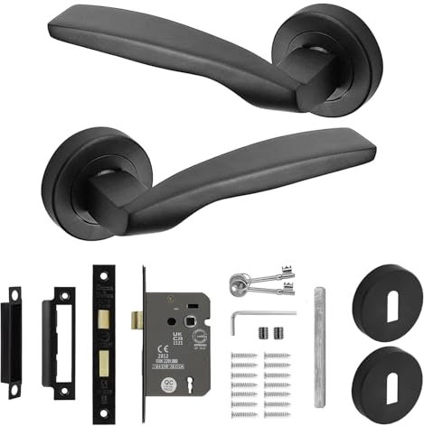 Decoranddecor Solitude Matt Black Door Lever Handles On 54mm Rose Aluminium Curved Design (Sash Lock Kit)