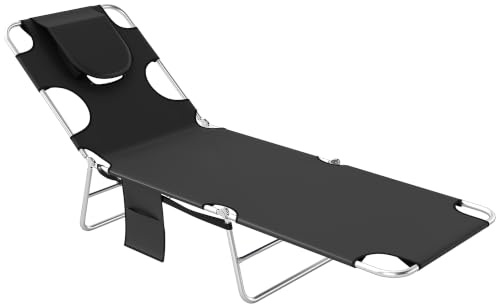 Outsunny Foldable Sun Loungers Beach Chaise Lounge Black | Reading Hole, Arm Slots, 5-Position Adjustable Backrest, Side Pocket, Pillow, Garden, Beach, Camping