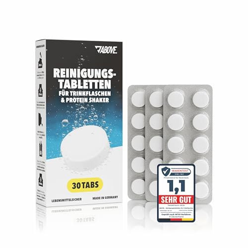 ABOVE. Reinigungstabletten für Trinkflaschen & Shaker – 30 TABS, MADE IN GERMANY I Hochwirksam gegen Ablagerungen & Gerüche I Ideal für Edelstahl-, Glas- & Kunststoff-Flaschen, Shaker & Kannen