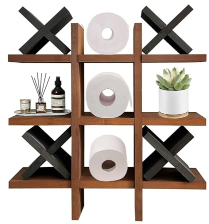 Supporto per rotolo di carta igienica Tic Tac Toe Supporto per rotolo di carta igienica in legno rustico, scaffale di archiviazione appeso, mensole a muro indipendenti, decorazione murale
