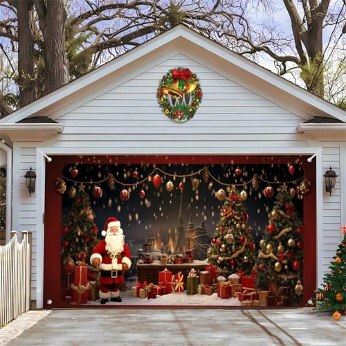 Chickwin Weihnachten Urlaub Garagentor Banner Abdeckung, Große Größe Xmas Frohe Weihnachten Rot Weihnachtsmann Dekorationen für Happy New Year Outdoor Hintergrund (210x480cm,Weihnachtskugeln)