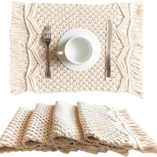 KHiry Set di 4 Tovagliette in macramè, Tovagliette in Corda di Cotone Intrecciata con Nappe Tovagliette Boho Decorazioni Rustiche in Cotone E Lino Intrecciato Tovagliette in macramè Spesse