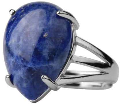 Natürliche Sodalith-Ringe Für Frauen – Romantischer Wassertropfen-Naturstein,Klassisch,Handgefertigt,Vier Zinken-Intarsien,Blaue Cocktail-Fingerringe,Größenverstellbarer Kristallschmuck,Blau,Vers