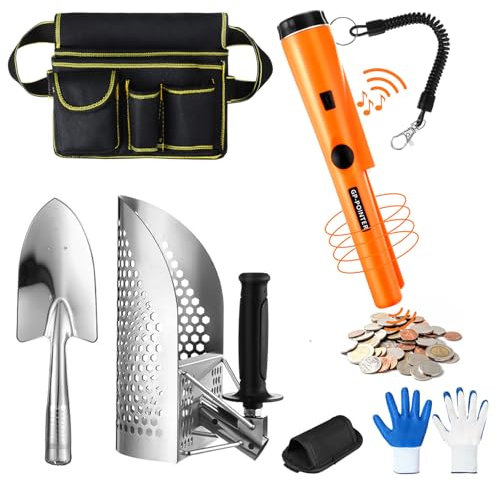 Lanties Metalldetektor-Pinpointer inklusive Edelstahl-Sandschaufel mit Schaufel, Handschuhen, Findet Tasche, wasserdicht, Handdetektor, Metalldetektor, Metalldetektor-Zubehör für Erwachsene und Kinder
