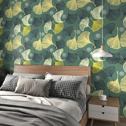 Yullpaper Papier Peint Vert Motif Feuilles De Ginkgo Papier Adhesif pour Meuble Papier Peint Adhesif Mural Chambre Salon Rouleau Adhesif Decoratif Vert Feuilles Film Autocollant Meuble 44,5cm x 300cm