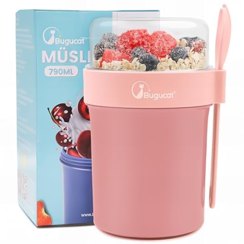 Bugucat Müslibecher To Go 560ML+230ML, Yoghurtbecher To Go mit Löffel und Deckel, Auslaufsicher Müsli To Go Becher mit Soßenbox, Joghurtbecher Müslibecher für Joghurt Haferflocken Salate Obst Rosa