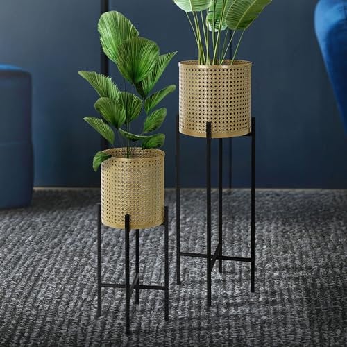 ML-Design Blumenständer 2er Set Schwarz-Gold 17x17x55/19x19x75,5 cm, aus Stahl, Blumentopfständer mit Übertopf, Metall Pflanzenständer, Blumentopfhalter 2-tlg, Pflanztopf Deko Blumensäule Blumenhocker