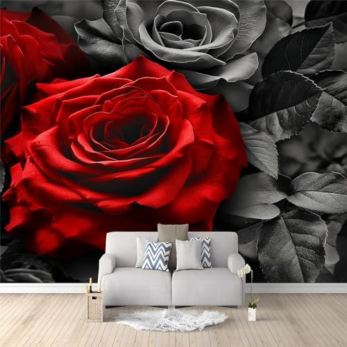 Fototapete 350 x 256 cm Moderne Wandtapete für Schlafzimmer und Wohnzimmer - Vlies Tapeten mit UV-Beständigkeit und Geruchsfreiheit - Wandbild mit Schwarze Und Rote Rosen