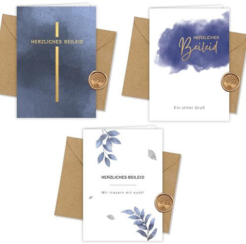 3er Set Trauerkarten mit Heißfolienprägung - Inkl. Briefumschlag & Wachssiegel - Hochwertige Kondolenzkarten aus 300g Offsetkarton - Beileidskarten Made in Germany - Blau