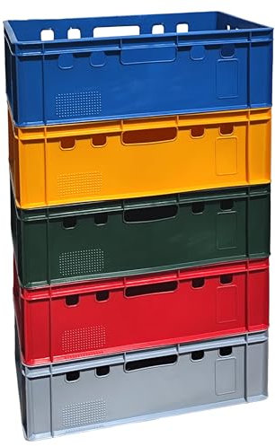 BURI 5x Fleischkiste E2 Metzgerkiste 60x40x20cm lebensmittelecht, robust, stapelbar - Universal Lagerkiste Eurobox aus Deutschland, Bunt