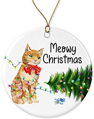 Ceramic Christmas Tree Decoration Ginger Cat Christmas Ornament Xmas Decor Funny Ceramic Pendant Round Christmas Decorations For Door Accent Office Home