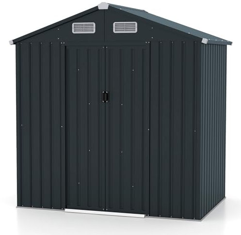 GOPLUS Abri de Jardin 4,90m³, Abri à Outils avec Toit Incliné, Portes Coulissantes, Aérations, Cadre en Acier Galvanisé Antirouille, pour Jardin, Arrière-Cour