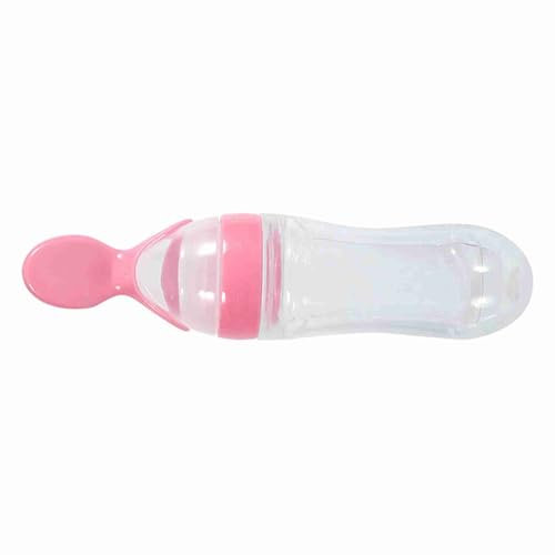 Bottle, 90 ML, with Slow Nipple, Silicone Toddler Feeding Bottle with Spoon Food Cereal Squeeze Feeder Hot (Pink)