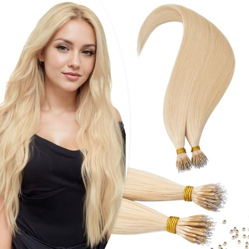 TESS Nano Beads Hair Extensions Real Human Hair Nano Ring Tip Included #613 Bleached Blonde - Cold Fusion 50 Strands 35g - 18 Inch