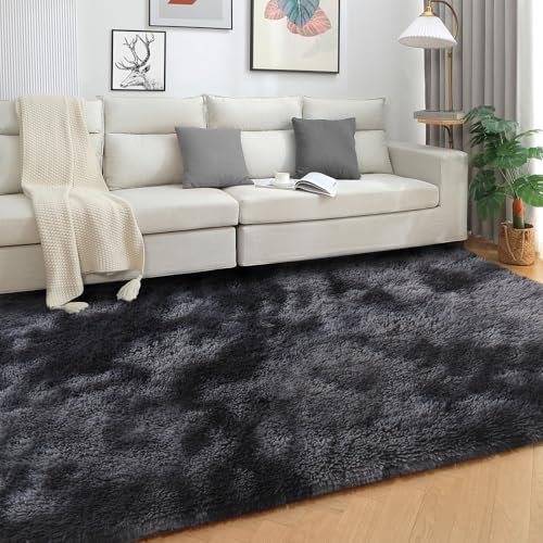 SOANNY Hochflor Wohnzimmer Teppich, Waschbar Anti-Rutsch & Flauschig, Groß Tie-Dye Langflor Shaggy Teppich für Schlafzimmer & Kinderzimmer, Bettvorleger Matte, 240 x 300 cm, Dunkelgrau