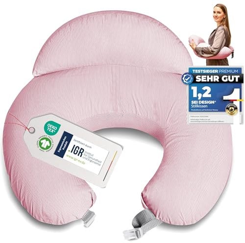 sei Design Stillkissen klein Baby- Stillhörnchen mit abnehmbaren Stillkissenbezug aus 100% Baumwolle - Stillmond - Stillkissen Mond Lagerungskissen, Baby Erstausstattung (Comfortcuddle Streifen Rosa)