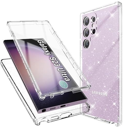 Keteen Glitzer Handyhülle für Samsung Galaxy S23 Ultra Hülle mit Eingebautem Displayschutz Stoßfest Schutzhülle 360 Grad vollschutz Transparent Slim Hülle Soft TPU Schutzhülle für Samsung S23 Ultra