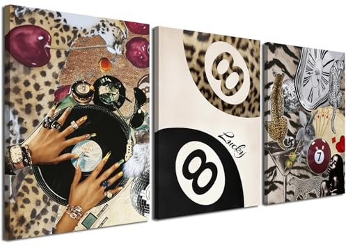 YFvrPt Set di 3 stampe artistiche da parete con leopardo alla moda, decorazione estetica da parete con ghepardo, ragazza nera con 8 palline, immagini divertenti e fortunate, per camera da letto e