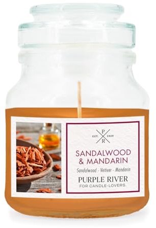 Purple River kleine Duftkerze im Glas mit Deckel | Sandalwood Mandarin | Duftkerze Sandelholz | Sojawachskerze | Raumduft für Zuhause | Geschenke für Frauen