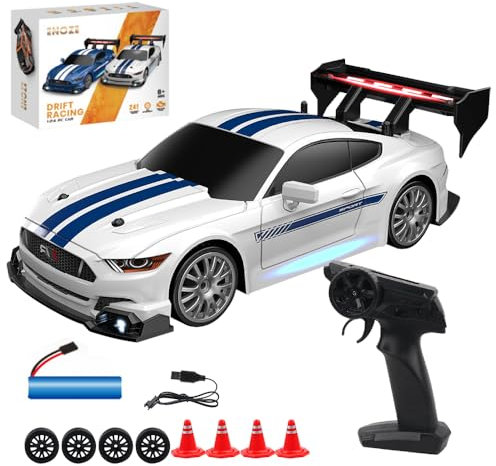 PLLYPE RC Drift Car, 1:24 ferngesteuertes Drift Auto, 20km/h Rc Auto Drift, 2,4 GHz Mini RC Car mit LED-Leuchten, mit 4 Reifen und 4 Straßensperren, Für Kinder(Weiß)