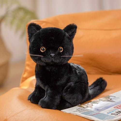 champracer Kuscheltier Katze Lebensecht 26cm Simulation Kurzhaar Süßes Katze Spielzeug Geschenk für Kinder Jeglichen Alters (Schwarz)