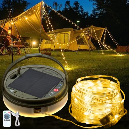 JIMACRO 12 m lange Camping-Lichterkette, 120 LEDs, wiederaufladbar, für Camping, Zuhause, Hof, Terrasse, Party, Hochzeit (Warmweiß)