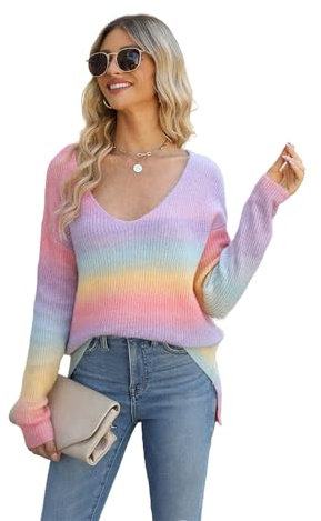 HEYPORK Damen Herbst Winter Warm Bequem Pullover Casual Mode Strickjacke Strickpullover Frauen Tie-Dye Pullover Unregelmäßig Farbverlauf Strickwaren(Rosa, M)